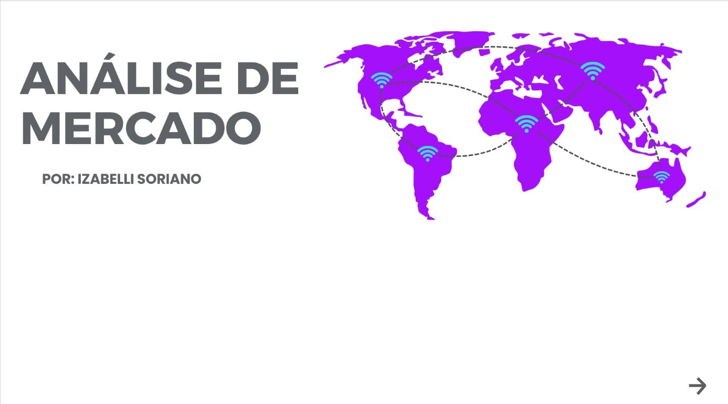 Capa do projeto Análise de Mercado com mapa mundial roxo.